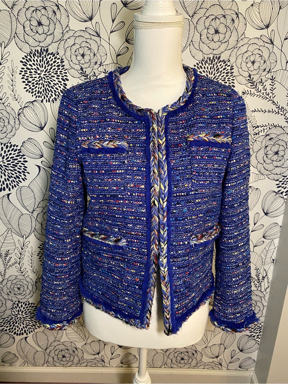 J. Crew Tweed Lady Jacket Cobalt Blue Colorful Braided Trim Office